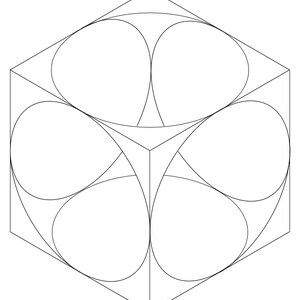 Puede incluir: Un dibujo en blanco y negro de un cubo con cuatro círculos inscritos en su interior. Los círculos son tangentes entre sí y a los bordes del cubo.