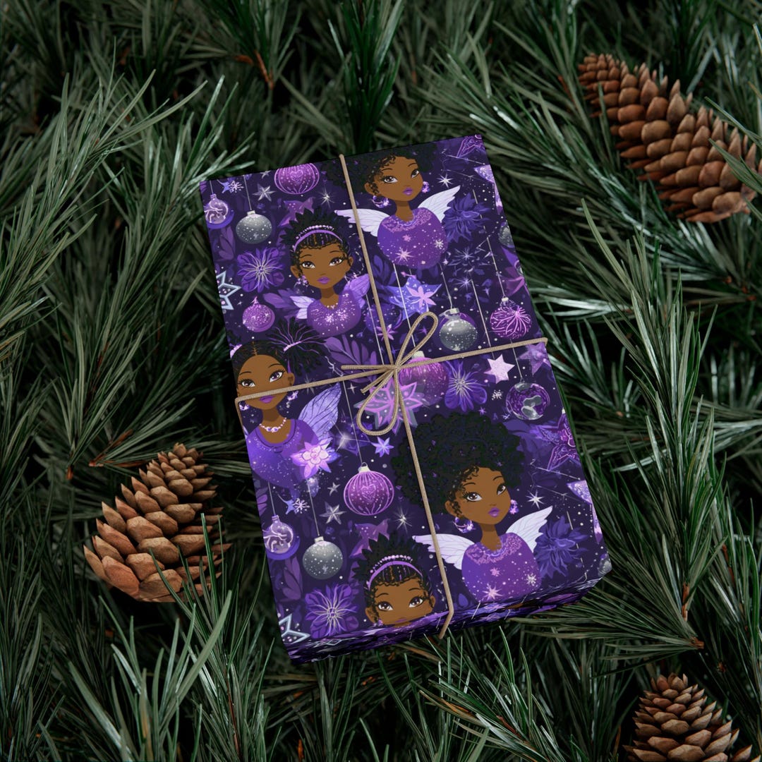 Angelic Purple Christmas Wrapping Paper | Black Holiday Gift Wrap ...