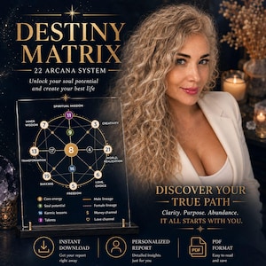 May include: A clear acrylic Destiny Matrix 22 Arcana System chart on a dark wooden base. The chart features a circular diagram with numbered nodes and text labels including Spiritual Mission, Inner Wisdom, Creativity, and Transformation.