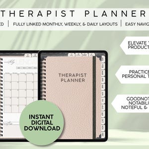 May include: Digital therapist planner with undated monthly, weekly, and daily layouts. The planner features easy navigation and is available for instant digital download. The cover is a light pink color and the planner is displayed on a black tablet.
