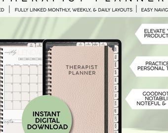 May include: Digital therapist planner with undated monthly, weekly, and daily layouts. The planner features easy navigation and is available for instant digital download. The cover is a light pink color and the planner is displayed on a black tablet.