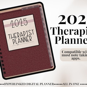 Könnte beinhalten: Ein digitaler Planer für Therapeuten, mit einem bordeauxroten Cover und dem Titel "2025 Therapist Planner". Der Planer ist mit den meisten Notiz-Apps kompatibel.