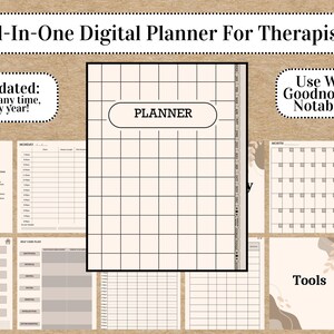 May include: A digital planner for therapists with a gridded cover page, monthly calendar, weekly planner, and other tools. The planner is undated and can be used with Goodnotes and Notability.