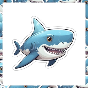 Happy Hungry Shark Aufkleber, ideal für Laptops, Notebooks, Wasserflaschen, Skateboards und Telefone, Cartoon-Aufkleber, KissCut-Vinylaufkleber.