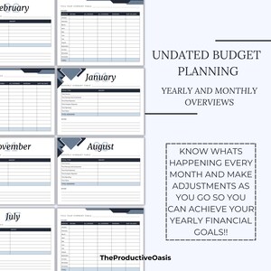 May include: A white undated budget planner with monthly and yearly overviews. The planner includes sections for tracking income, expenses, and savings. Text on the image reads "Know what's happening every month and make adjustments as you go so you can achieve your yearly financial goals!!"