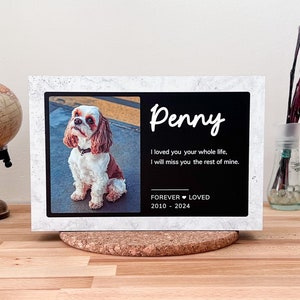 Könnte beinhalten: Rechteckiger Gedenk-Fotorahmen mit marmorierter Umrandung. Er zeigt ein Foto eines Cavalier King Charles Spaniel, den Namen "Penny", eine Nachricht und die Jahre 2010-2024.