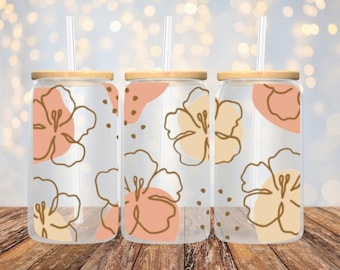 Flowers UVDTF, Cup Wrap for 16 oz Libbey Glass Cans, Boho Flowers, Ready to Apply, No Heat Needed, Ready to Ship