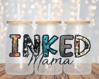 Inked Mama UVDTF, Cup Wrap for 16 oz Libbey Glass Cans, Inked, Tattoos, Ready to Apply, No Heat Needed, Ready to Ship