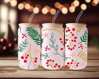 Holly UVDTF, Cup Wrap for 16 oz Libbey Glass Cans, Ready to Apply, No Heat Needed, Ready to Ship
