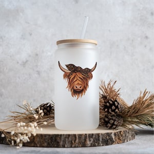 Highland Cow Design, UV DTF Cup Wrap for 16 oz Libbey Glass Cans, Ready to Apply, No Heat Needed, Ready to Ship, Cute cow