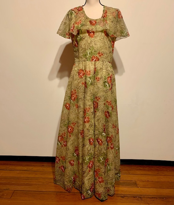 Vintage Handmade Long Floral Dress with flutter t… - image 1