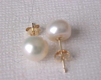 7MM AAA White Pearl Stud Earrings Solid 14K Yellow Gold