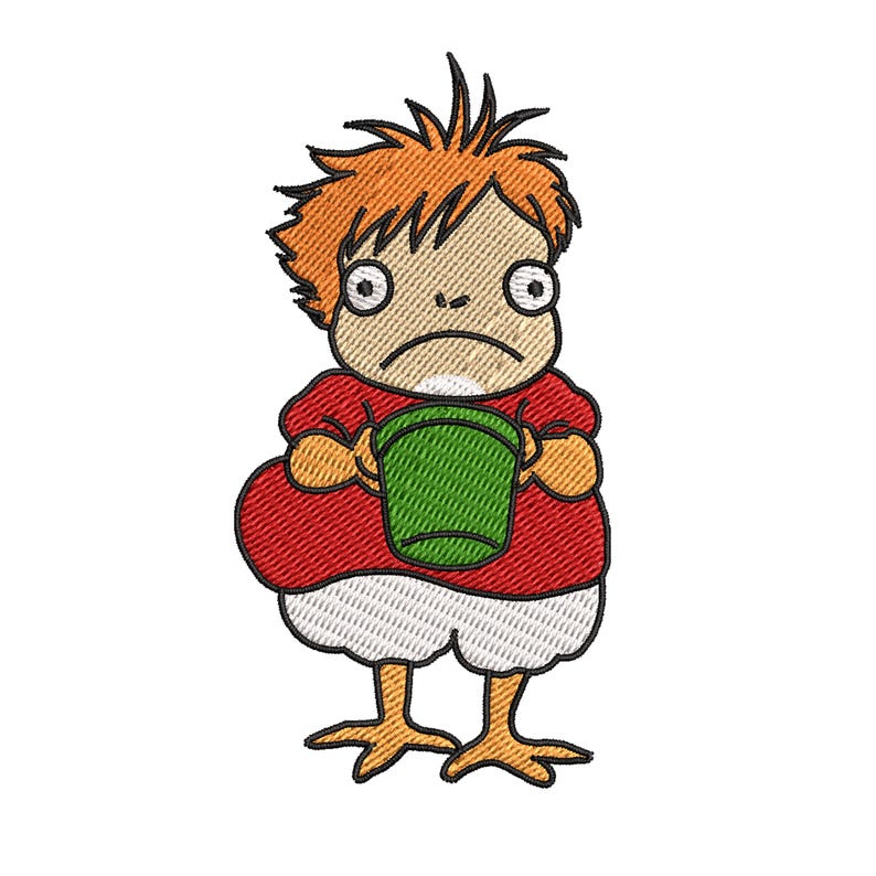 May include: Embroidered design of a cartoon character with orange hair, a red shirt, and white shorts. The character has a sad expression and is holding a green bucket. The design is on a white background.