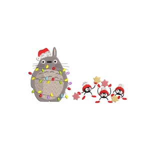 May include: An embroidered design featuring a gray Totoro character wearing a Santa hat and wrapped in Christmas lights. Three small, black characters with red hats and star-shaped ornaments are also present, creating a festive holiday theme.