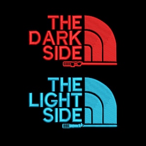 May include: A graphic design with the text "The Dark Side" and "The Light Side" in red and blue, respectively. Each text is paired with a stylized image of a mountain range, similar to the North Face logo.