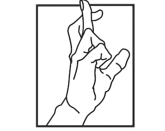 May include: A black and white line drawing of a hand making a pinky promise gesture. The hand is drawn in a simple, minimalist style.