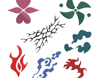 May include: A collection of embroidered patches featuring various designs. Includes a four-petal flower, a green pinwheel, a black branch, two teal cloud-like shapes, a blue cloud-like shape, and two red flame-like shapes. All patches are on a white background.