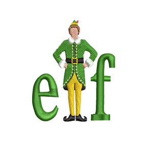 May include: An embroidered design featuring a green elf character with a green jacket, yellow pants, and black shoes. The word "elf" is spelled out in green letters next to the elf.