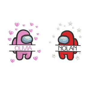 May include: Two Among Us characters, one pink with hearts and the name Olivia, the other red with stars and the name Nolan.