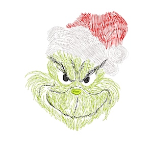 May include: An embroidered design of a green character's face with a Santa hat. The character has a grumpy expression with black eyes and eyebrows, a green nose, and a stitched smile. The Santa hat is red and white.