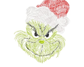 May include: An embroidered design of a green character's face with a Santa hat. The character has a grumpy expression with black eyes and eyebrows, a green nose, and a stitched smile. The Santa hat is red and white.