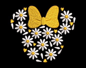 May include: Embroidered design on a black background, featuring a yellow bow and a Mickey Mouse head shape made of white daisies with yellow centers. Small yellow hearts are scattered throughout the design.