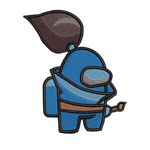 May include: Blue and brown embroidered patch of an Among Us character with a brown hairpiece.
