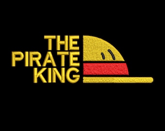 May include: A gold embroidered design on a black background. The design features the text "THE PIRATE KING" and a straw hat with a red band.