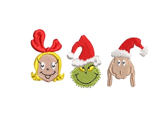 May include: Embroidered Christmas character faces: a blonde girl with a red bow, a green Grinch, and a brown character, all wearing Santa hats. The embroidery features detailed stitching and a festive theme.