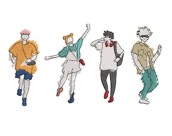 May include: An illustration of four people walking. The person on the left is wearing a yellow shirt, blue shorts, and a pink hat. The person in the middle is wearing a blue shirt, a white skirt, and a yellow headband. The person on the right is wearing a beige shirt, blue pants, and a black headband. The person in the back is wearing a white shirt, blue pants, and a red headband.