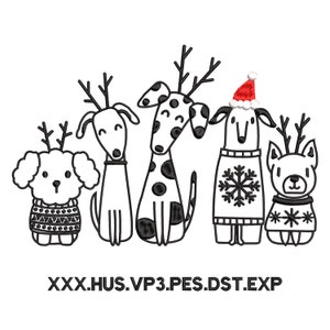 May include: Line art illustration of five dogs, each with unique features. One dog wears a Santa hat, and others have antlers. The dogs are wearing sweaters with various patterns. The image has the text "XXX.HUS.VP3.PES.DST.EXP" at the bottom.
