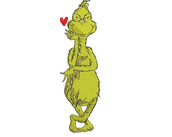 May include: Embroidered image of the Grinch, a green creature with a mischievous expression, blowing a kiss. The Grinch is depicted with a heart-shaped kiss. The design is on a white background.
