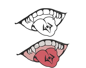 May include: Two images of a cartoon mouth with sharp teeth and a tongue sticking out. The top image is in black and white, while the bottom image is in color with a pink tongue.