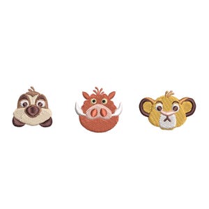 May include: Three embroidered cartoon animal faces: a brown and tan meerkat, a red and brown warthog, and a yellow lion.