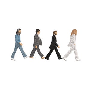 May include: An embroidered design featuring four figures walking in a line. Each figure is wearing a suit, with colors including blue, gray, black, and white. The design is on a white background.