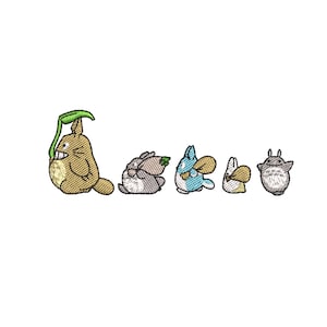 May include: Embroidered patch featuring five cartoon characters in various poses. The characters are in shades of brown, gray, and blue, with green and tan accents. The patch is on a white background.