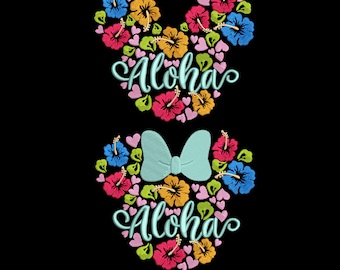 May include: Two embroidered designs on a black background. The top design is a Mickey Mouse head shape made of colorful flowers and hearts, with the word "Aloha" in script. The bottom design is a Minnie Mouse head shape with a bow and the word "Aloha".