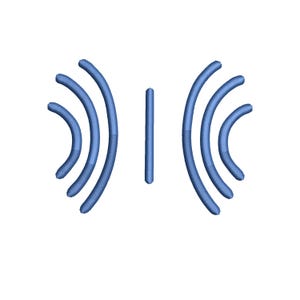Peut inclure: Graphique bleu stylisé d'ondes sonores émanant d'une ligne verticale centrale. Les ondes semi-circulaires sont disposées symétriquement de chaque côté de la ligne, sur fond blanc.