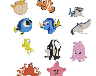 May include: Embroidered patches featuring various cartoon fish characters in vibrant colors. Includes a pufferfish, an orange and white striped fish, a blue fish with a large eye, a blue fish with yellow fins, a whale shark, a stingray, a yellow fish, a black and white fish, a pink octopus, an orange octopus, and a pink starfish.