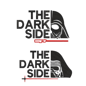 以下が含まれることがあります： 「The Dark Side」というテキストと、ダース・ベイダーのヘルメットのシルエット、赤いライトセーバーが描かれた白黒のグラフィックデザインです。