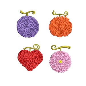 May include: Four colourful, stylised fruit illustrations. A purple, swirled fruit, an orange flame-like fruit, a red heart-shaped fruit, and a pink flower-like fruit, each with a green stem and swirl.