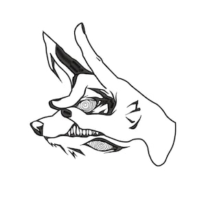Puede incluir: Ilustración en blanco y negro de línea de arte de una mano con una cabeza de zorro que emerge de ella. El zorro tiene una expresión amenazante con dientes afilados y ojos en espiral.
