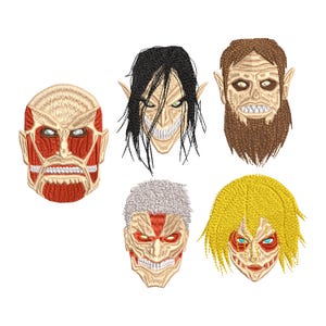 Puede incluir: Cinco parches bordados con diferentes personajes del anime Ataque a los Titanes. Los personajes están representados con sus expresiones faciales y características distintivas. Los parches están todos sobre un fondo blanco.