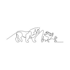 Diseño de bordado de arte lineal de león y sus amigos, archivos de bordado a máquina del reino animal