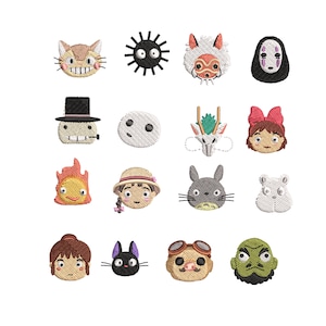 May include: A collection of embroidered patches featuring characters from animated films. The patches include a cat-like creature, a soot sprite, a masked figure, and other whimsical designs. The patches are in various colors and are likely for decorative purposes.