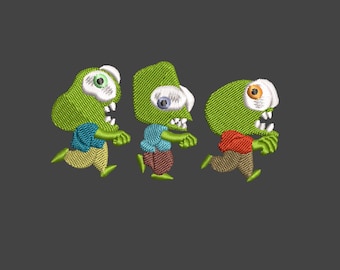 May include: Embroidered design featuring three green zombie figures with white eyes, running. Each zombie wears different colored clothing: blue, red, and brown. The design is set against a dark gray background.