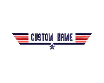 May include: A blue and red embroidered patch with a star and the text "CUSTOM NAME".