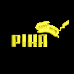 Pode incluir: Texto amarelo PIKA com uma silhueta amarela de Pikachu pulando sobre o texto.