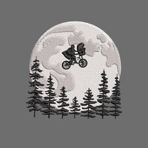 May include: Embroidered patch featuring a black silhouette of a person and an alien riding a bicycle in front of a large, textured moon. Black pine trees are in the foreground, with a gray background.