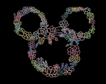 May include: A floral design in the shape of Mickey Mouse's head, featuring a variety of flowers and foliage in pastel colors. The design is outlined in white against a black background, creating a whimsical and artistic look.